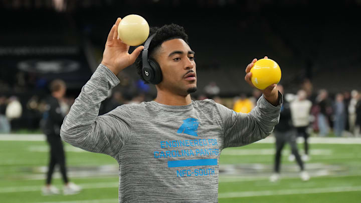 Dec 14, 2025; New Orleans, Louisiana, USA; Carolina Panthers quarterback Bryce Young (9) warms up before the game against the New Orleans Saints at Caesars Superdome. Mandatory Credit: Matthew Hinton-Imagn Images