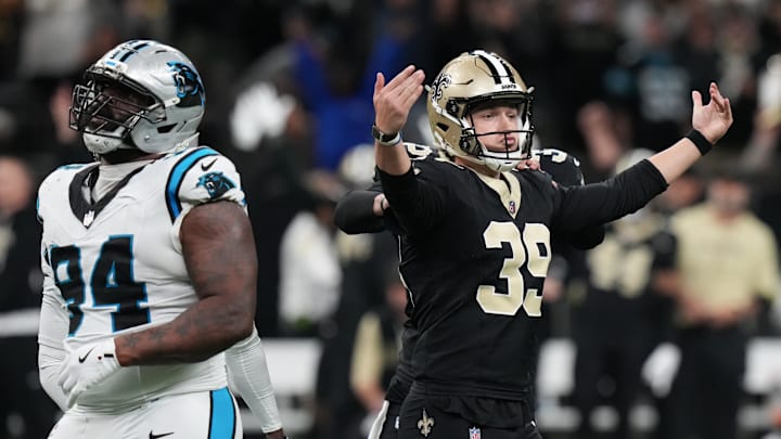 Dec 14, 2025; New Orleans, Louisiana, USA; New Orleans Saints place kicker Charlie Smyth (39) reacts after kicking the game winning field goal for a 20-17 win over the Carolina Panthers in the fourth quarter at Caesars Superdome. Mandatory Credit: Matthew Hinton-Imagn Images