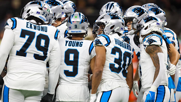 Dec 14, 2025; New Orleans, Louisiana, USA; Carolina Panthers quarterback Bryce Young (9) huddles with teammates during the first quarter against the New Orleans Saints at Caesars Superdome. Mandatory Credit: Stephen Lew-Imagn Images Dec 14, 2025; New Orleans, Louisiana, USA; Carolina Panthers quarterback Bryce Young (9) huddles with teammates during the first quarter against the New Orleans Saints at Caesars Superdome. Mandatory Credit: Stephen Lew-Imagn Images