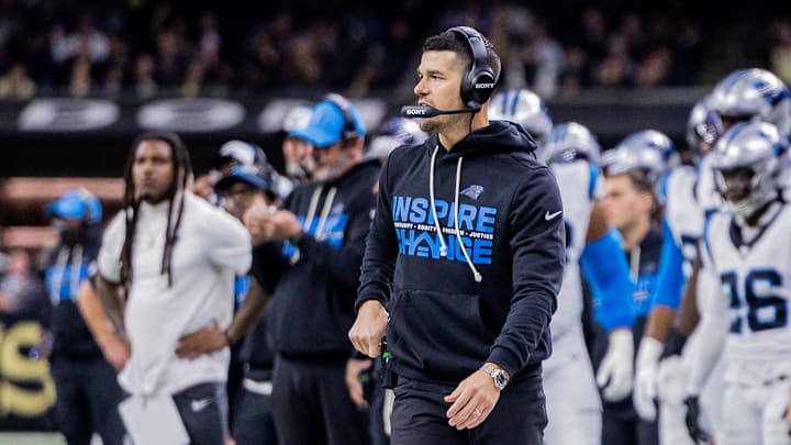 Dec 14, 2025; New Orleans, Louisiana, USA; Carolina Panthers head coach Dave Canales reacts on the sideline during the second quarter against the New Orleans Saints at Caesars Superdome. Mandatory Credit: Stephen Lew-Imagn Images