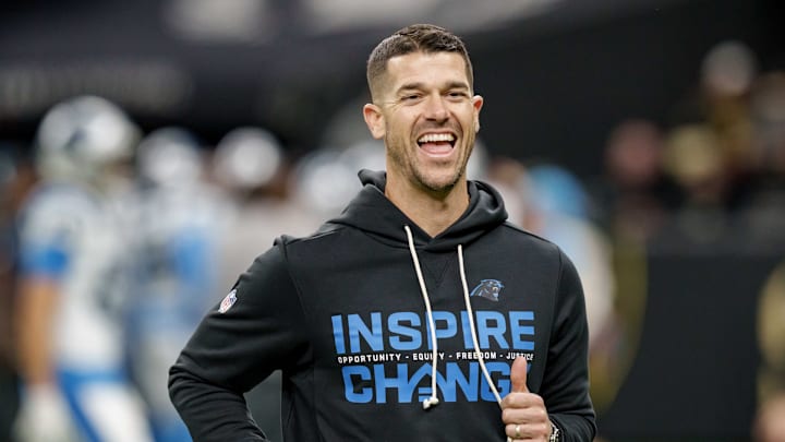 Dec 14, 2025; New Orleans, Louisiana, USA; Carolina Panthers head coach Dave Canales before the game against the New Orleans Saints at Caesars Superdome. Mandatory Credit: Matthew Hinton-Imagn Images