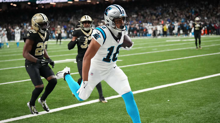 Carolina Panthers wide receiver Jalen Coker (18) scores a touchdown in the third quarter 