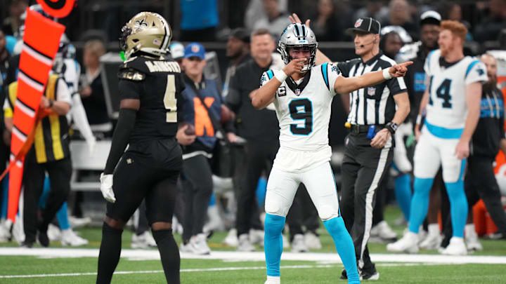 Dec 14, 2025; New Orleans, Louisiana, USA; Carolina Panthers quarterback Bryce Young (9) reacts during the first quarter against the New Orleans Saints at Caesars Superdome. Mandatory Credit: Matthew Hinton-Imagn Images