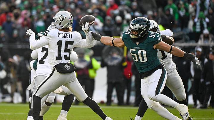 Dec 14, 2025; Philadelphia, Pennsylvania, USA; Las Vegas Raiders quarterback Kenny Pickett (15) throws the ball as Philadelphia Eagles linebacker Jaelan Phillips (50) attempts to block during the second quarter at Lincoln Financial Field. Mandatory Credit: Eric Hartline-Imagn Images Dec 14, 2025; Philadelphia, Pennsylvania, USA; Las Vegas Raiders quarterback Kenny Pickett (15) throws the ball as Philadelphia Eagles linebacker Jaelan Phillips (50) attempts to block during the second quarter at Lincoln Financial Field. Mandatory Credit: Eric Hartline-Imagn Images