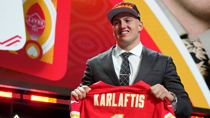 Apr 28, 2022; Las Vegas, NV, USA; Purdue defensive end George Karlaftis after being selected as the thirtieth overall pick to the Kansas City Chiefs during the first round of the 2022 NFL Draft at the NFL Draft Theater. Mandatory Credit: Kirby Lee-Imagn Images