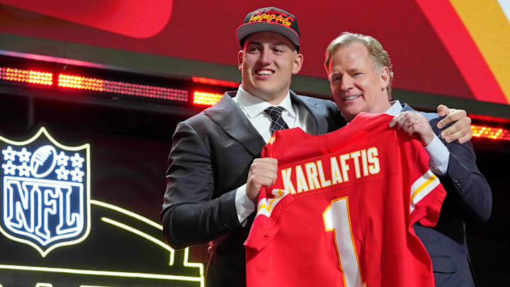 Apr 28, 2022; Las Vegas, NV, USA; Purdue defensive end George Karlaftis with NFL commissioner Roger Goodell after being selected as the thirtieth overall pick to the Kansas City Chiefs during the first round of the 2022 NFL Draft at the NFL Draft Theater. Mandatory Credit: Kirby Lee-Imagn Images