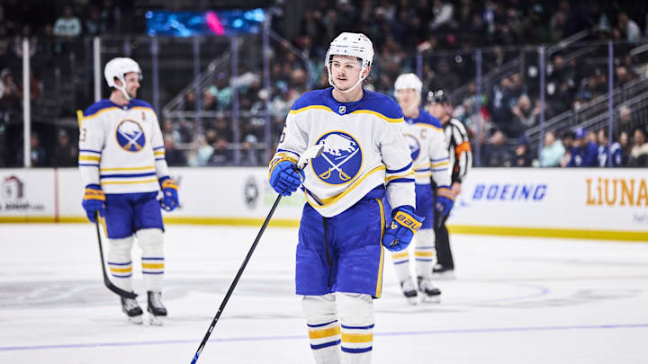 Dec 14, 2025; Seattle, Washington, USA; Buffalo Sabres left wing Zach Benson (6) celebrates after scoring a goal during the third period against the Seattle Kraken at Climate Pledge Arena. Mandatory Credit: Blake Dahlin-Imagn Images Dec 14, 2025; Seattle, Washington, USA; Buffalo Sabres left wing Zach Benson (6) celebrates after scoring a goal during the third period against the Seattle Kraken at Climate Pledge Arena. Mandatory Credit: Blake Dahlin-Imagn Images