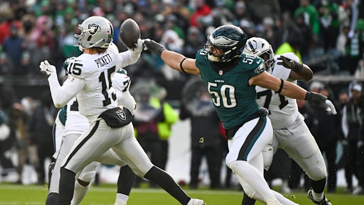 Dec 14, 2025; Philadelphia, Pennsylvania, USA; Las Vegas Raiders quarterback Kenny Pickett (15) throws the ball as Philadelphia Eagles linebacker Jaelan Phillips (50) attempts to block during the second quarter at Lincoln Financial Field. Mandatory Credit: Eric Hartline-Imagn Images Dec 14, 2025; Philadelphia, Pennsylvania, USA; Las Vegas Raiders quarterback Kenny Pickett (15) throws the ball as Philadelphia Eagles linebacker Jaelan Phillips (50) attempts to block during the second quarter at Lincoln Financial Field. Mandatory Credit: Eric Hartline-Imagn Images