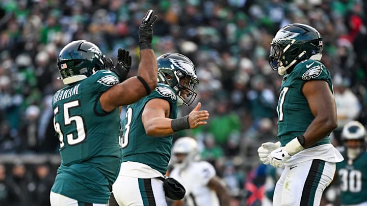 Dec 14, 2025; Philadelphia, Pennsylvania, USA; Philadelphia Eagles linebacker Nolan Smith Jr. (3) celebrates with teammates after sacking Las Vegas Raiders quarterback Kenny Pickett (15) (not pictured) during the third quarter at Lincoln Financial Field. Dec 14, 2025; Philadelphia, Pennsylvania, USA; Philadelphia Eagles linebacker Nolan Smith Jr. (3) celebrates with teammates after sacking Las Vegas Raiders quarterback Kenny Pickett (15) (not pictured) during the third quarter at Lincoln Financial Field.