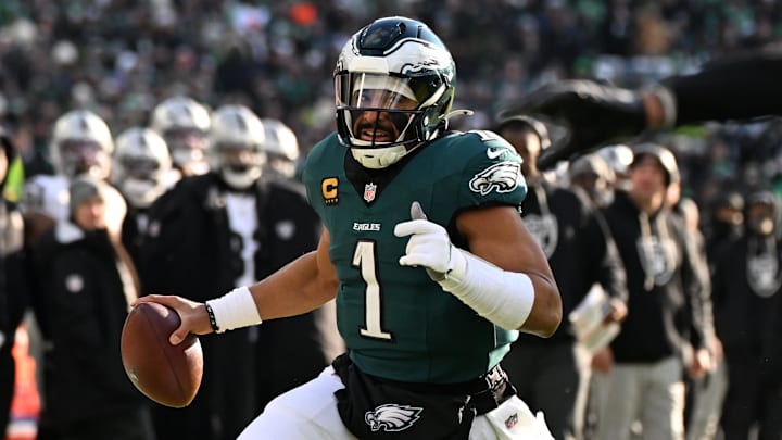 Dec 14, 2025; Philadelphia, Pennsylvania, USA; Philadelphia Eagles quarterback Jalen Hurts (1) runs the ball during the second quarter against the Las Vegas Raiders at Lincoln Financial Field. Dec 14, 2025; Philadelphia, Pennsylvania, USA; Philadelphia Eagles quarterback Jalen Hurts (1) runs the ball during the second quarter against the Las Vegas Raiders at Lincoln Financial Field.