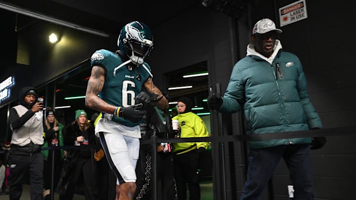 Dec 14, 2025; Philadelphia, Pennsylvania, USA; Philadelphia Eagles wide receiver Devonta Smith (6) walks out of the tunnel before the game against the Las Vegas Raiders at Lincoln Financial Field. Mandatory Credit: Eric Hartline-Imagn Images