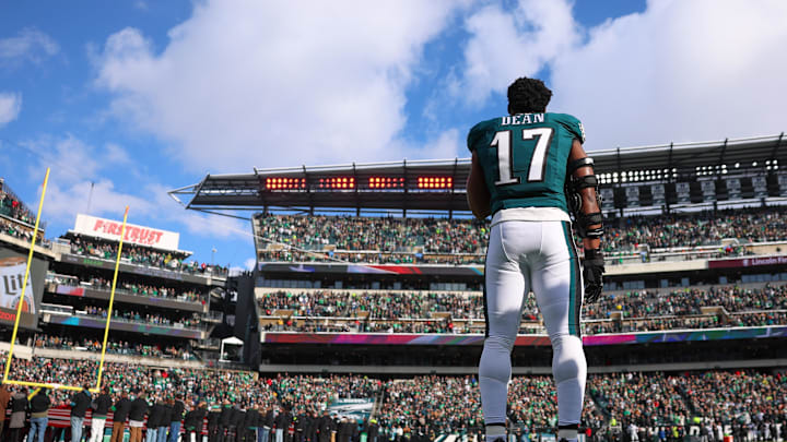 Dec 14, 2025; Philadelphia, Pennsylvania, USA; Philadelphia Eagles linebacker Nakobe Dean (17) stands during the National Anthem before the game against the Las Vegas Raiders at Lincoln Financial 