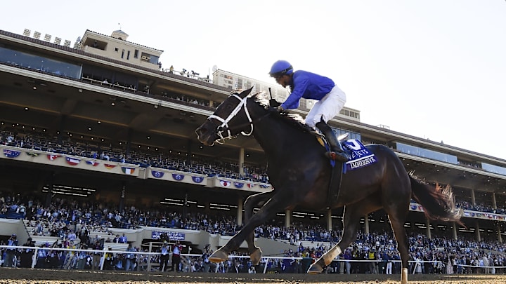 Nov 1, 2024; Del Mar, CA, USA; Immersive ridden by Manuel Franco wins the Juvenile Fillies during the 2024 Breeders' Cup Championship at Del Mar Thoroughbred Club. 