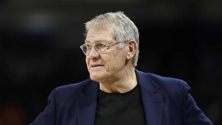 Feb 4, 2026; Chicago, Illinois, USA; UConn Huskies head coach Geno Auriemma looks on during the second half at Wintrust Arena. Mandatory Credit: Kamil Krzaczynski-Imagn Images