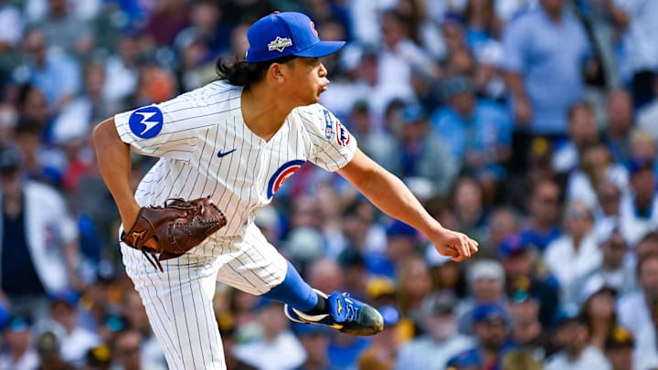 Oct 1, 2025; Chicago, Illinois, USA; Chicago Cubs relief pitcher Shota Imanaga (18) delivers a pitch against the San Diego Padres in the second inning in the during game two of the Wildcard round for the 2025 MLB playoffs at Wrigley Field. Mandatory Credit: Matt Marton-Imagn Images