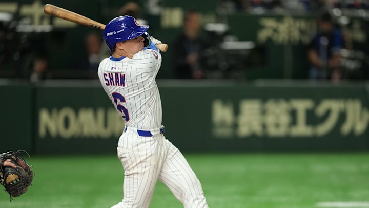 Mar 18, 2025; Bunkyo, Tokyo, JPN; Chicago Cubs second baseman Matt Shaw (6) grounds out in his first at bat during his Major League debut against the Los Angeles Dogers in the second inning during the Tokyo Series at Tokyo Dome. 