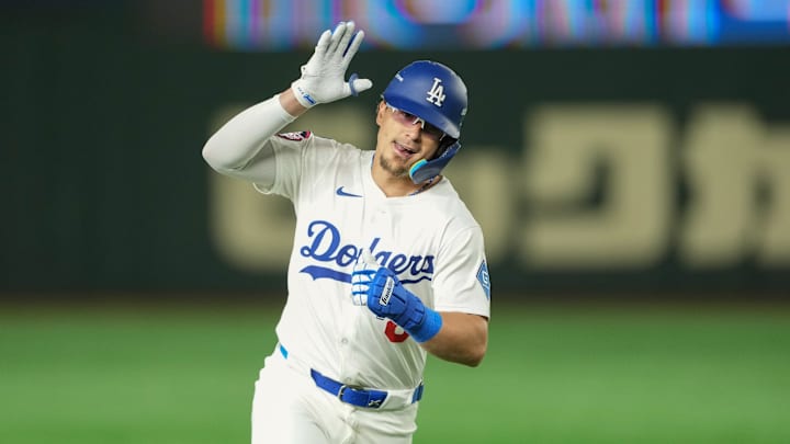 Mar 19, 2025; Bunkyo, Tokyo, JPN; Los Angeles Dodgers third baseman Enrique Hernández (8) rounds the bases after hitting a home run in the fourth inning against the Chicago Cubs during the Tokyo Series at Tokyo Dome. Mandatory Credit: Darren Yamashita-Imagn Images