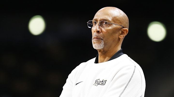 Feb 23, 2025; Orlando, Florida, USA; Central Florida Knights head coach Johnny Dawkins during a game against the Utah Utes at Addition Financial Arena. Mandatory Credit: Russell Lansford-Imagn Images