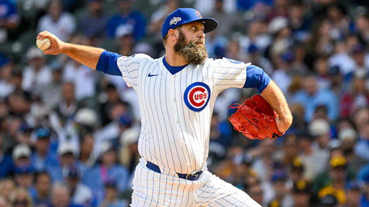 Oct 1, 2025; Chicago, Illinois, USA; Chicago Cubs starting pitcher Andrew Kittredge (59) delivers a pitch in the first inning against the San Diego Padres during game two of the Wildcard round for the 2025 MLB playoffs at Wrigley Field. Mandatory Credit: Matt Marton-Imagn Images