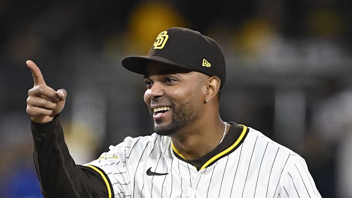 Apr 29, 2025; San Diego, California, USA; San Diego Padres shortstop Xander Bogaerts (2) celebrates after the Padres defeated the San Francisco Giants 7-4 at Petco Park. Mandatory Credit: Denis Poroy-Imagn Images