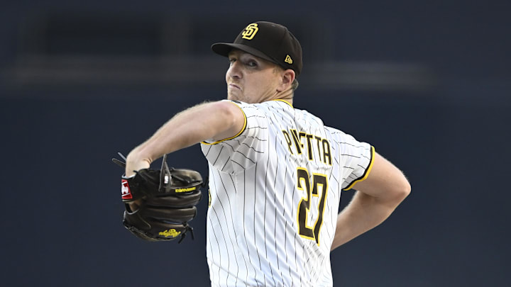 Jul 8, 2025; San Diego, California, USA; San Diego Padres starting pitcher Nick Pivetta (27) delivers during the first inning against the Arizona Diamondbacks at Petco Park. Mandatory Credit: Denis Poroy-Imagn Images
