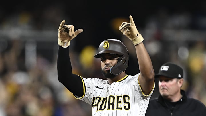 Aug 23, 2025; San Diego, California, USA; San Diego Padres shortstop Xander Bogaerts (2) celebrates after hitting an RBI double during the eighth inning against the Los Angeles Dodgers at Petco Park. Mandatory Credit: Denis Poroy-Imagn Images Aug 23, 2025; San Diego, California, USA; San Diego Padres shortstop Xander Bogaerts (2) celebrates after hitting an RBI double during the eighth inning against the Los Angeles Dodgers at Petco Park. Mandatory Credit: Denis Poroy-Imagn Images