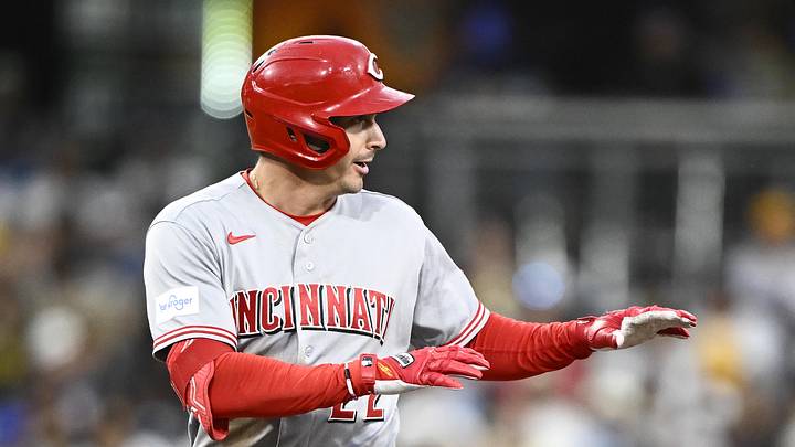 Cincinnati Reds left fielder JJ Bleday (22) gestures after hitting a double during the fifth inning against the San Diego Padres at Petco Park. Cincinnati Reds left fielder JJ Bleday (22) gestures after hitting a double during the fifth inning against the San Diego Padres at Petco Park.