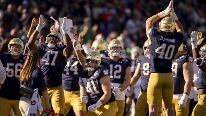 Dec 29, 2023; El Paso, TX, USA; Notre Dame defense celebrate after a safety is announced after an official review in the second half at Sun Bowl Stadium.  