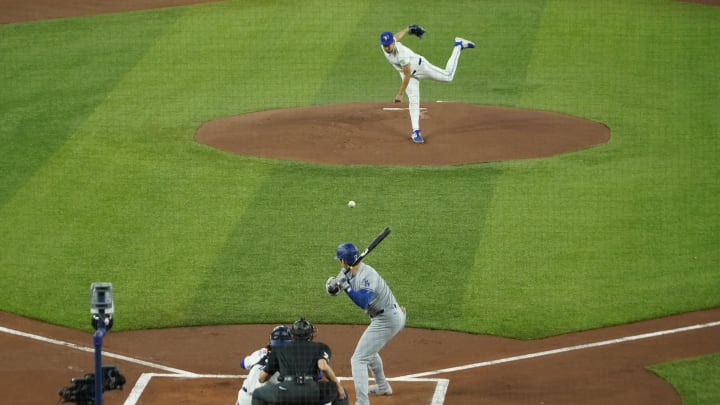 Apr 27, 2024; Toronto, Ontario, CAN; Toronto Blue Jays starting pitcher Yusei Kikuchi (16) pitches to to Los Angeles Dodgers designated hitter Shohei Ohtani (17) during the first inning at Rogers Centre. Mandatory Credit: John E. Sokolowski-USA TODAY Sports