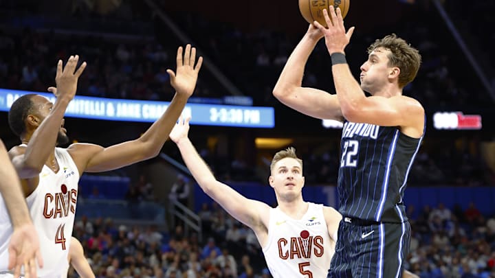 Orlando Magic forward Franz Wagner (22) takes a shot against the Cleveland Cavaliers in the first half at Kia Center.