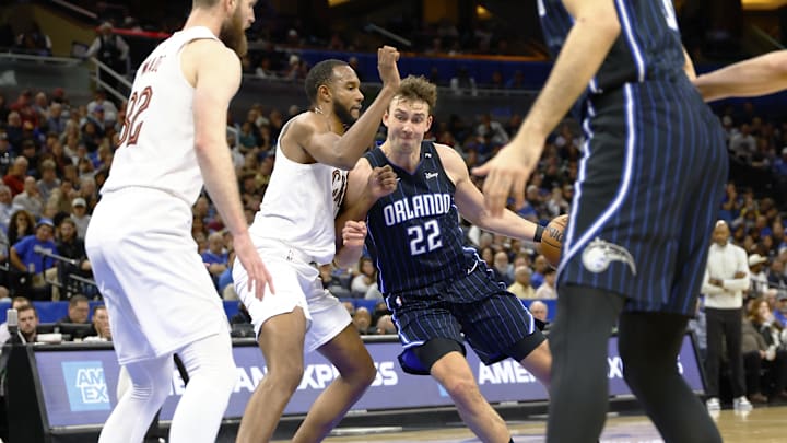 Orlando Magic forward Franz Wagner (22) drives to the basket in the first half against the Cleveland Cavaliers at Kia Center. Orlando Magic forward Franz Wagner (22) drives to the basket in the first half against the Cleveland Cavaliers at Kia Center.