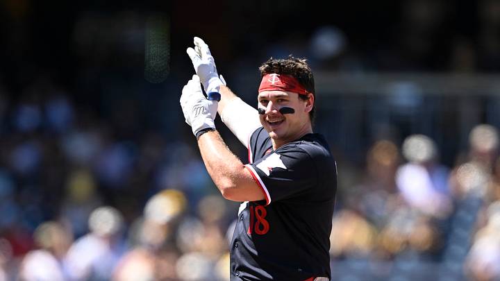 Aug 23, 2026; San Diego, California, USA; Minnesota Twins left fielder Alan Roden (18) gestures after hitting a double during the fifth inning against the San Diego Padres at Petco Park. Mandatory Credit: Denis Poroy-Imagn Images Aug 23, 2026; San Diego, California, USA; Minnesota Twins left fielder Alan Roden (18) gestures after hitting a double during the fifth inning against the San Diego Padres at Petco Park. Mandatory Credit: Denis Poroy-Imagn Images