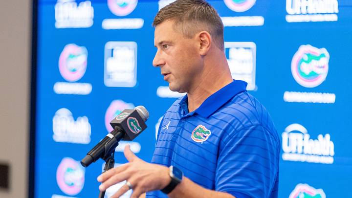 Florida Head Coach Jon Sumrall speaks during Florida Football Fall camp availability at Heavener Football Training Center in Gainesville, FL on Tuesday, August 4, 2026. [Alan Youngblood/Gainesville Sun]