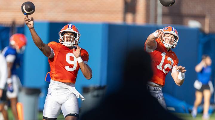 Florida quarterback J. Tramell Jones Jr. (9) and Florida quarterback Aaron Philo (12) throw during Florida Football Fall camp practice availability at Heavener Football Training Center in Gainesville, FL on Friday, August 7, 2026. [Alan Youngblood/Gainesville Sun]