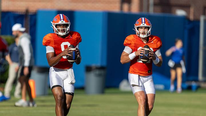Florida quarterback J. Tramell Jones Jr. (9) and Florida quarterback Aaron Philo (12) throw during Florida Football Fall camp practice availability at Heavener Football Training Center in Gainesville, FL on Friday, August 7, 2026. [Alan Youngblood/Gainesville Sun]