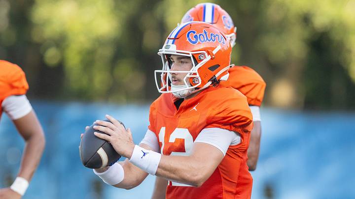 Florida 2026-2027 quarterback Aaron Philo (12) throws during Florida football practice at Heavener Football Complex in Gainesville, FL on Tuesday, August 18, 2026. [Alan Youngblood/Gainesville Sun]