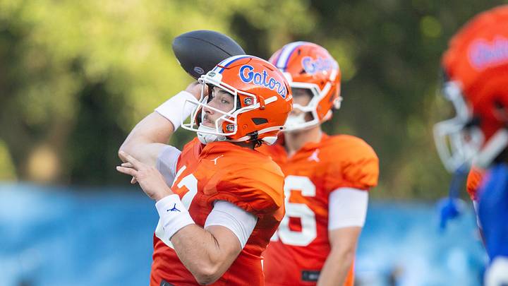 Florida 2026-2027 quarterback Aaron Philo (12) throws during Florida football practice at Heavener Football Complex in Gainesville, FL on Tuesday, August 18, 2026. [Alan Youngblood/Gainesville Sun]