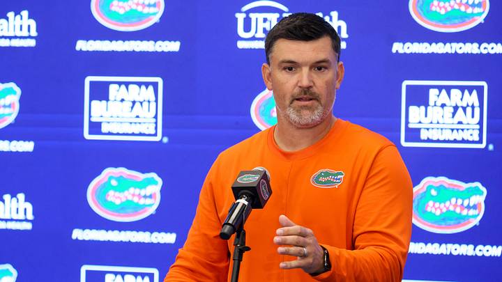 Defensive Coordinator Brad White speaks during Florida Football Fall camp availability at Heavener Football Training Center in Gainesville, FL on Tuesday, August 4, 2026. [Alan Youngblood/Gainesville Sun]