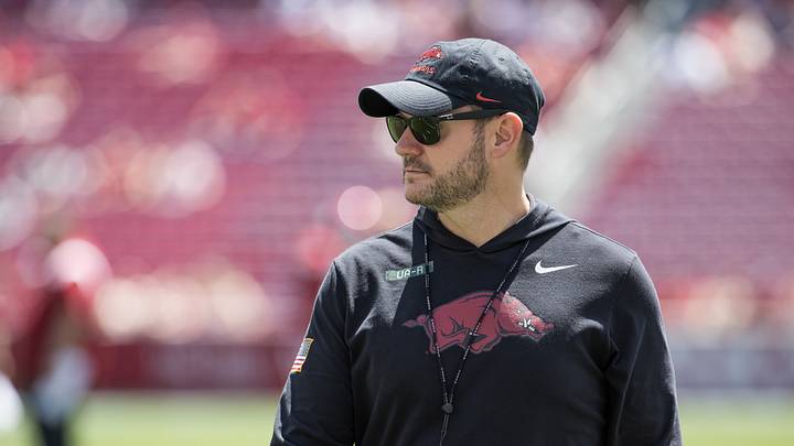 Apr 25, 2026; Fayetteville, AR, USA; Arkansas Razorbacks head coach Ryan Silverfield looks over his players during warmups before the spring game at Donald W. Reynolds Razorback Stadium. Mandatory Credit: Brett Rojo-Imagn Images