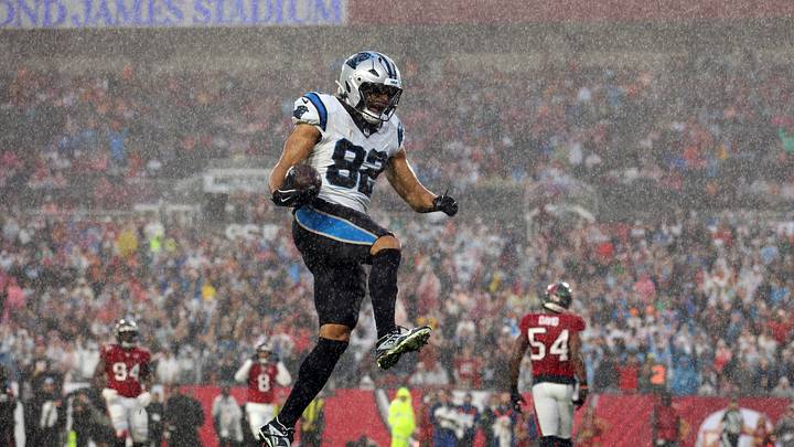 Jan 3, 2026; Tampa, Florida, USA; Carolina Panthers tight end Tommy Tremble (82) scores a touchdown against the Tampa Bay Buccaneers in the first half at Raymond James Stadium. Mandatory Credit: Nathan Ray Seebeck-Imagn Images Jan 3, 2026; Tampa, Florida, USA; Carolina Panthers tight end Tommy Tremble (82) scores a touchdown against the Tampa Bay Buccaneers in the first half at Raymond James Stadium. Mandatory Credit: Nathan Ray Seebeck-Imagn Images
