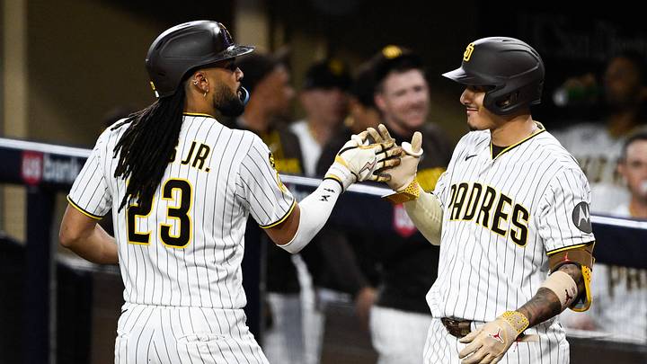 Aug 11, 2026; San Diego, California, USA; San Diego Padres right fielder Fernando Tatis Jr. (23) is congratulated by third baseman Manny Machado (13) after hitting a solo home run during the fourth inning against the Milwaukee Brewers at Petco Park. Mandatory Credit: Denis Poroy-Imagn Images Aug 11, 2026; San Diego, California, USA; San Diego Padres right fielder Fernando Tatis Jr. (23) is congratulated by third baseman Manny Machado (13) after hitting a solo home run during the fourth inning against the Milwaukee Brewers at Petco Park. Mandatory Credit: Denis Poroy-Imagn Images
