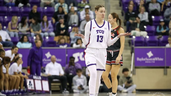 Sedona Prince shrugs off a defender after a call goes the Frogs way. 