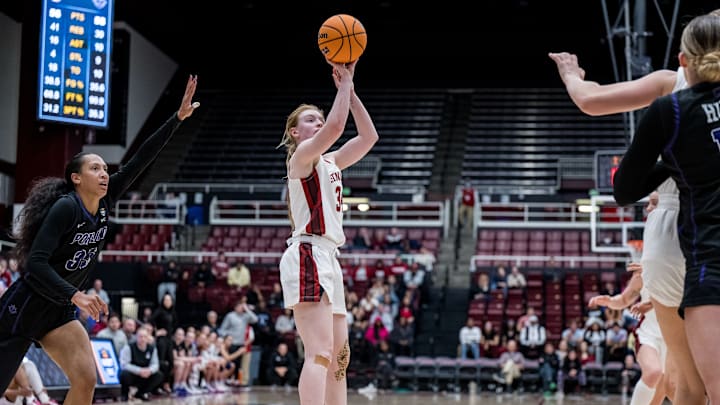 Tess Heal shoots a shot in Stanford's game against Portland in the Women's Basketball Invitation Tournament on March 20, 2025 in Stanford, California at Maples Pavilion. Tess Heal shoots a shot in Stanford's game against Portland in the Women's Basketball Invitation Tournament on March 20, 2025 in Stanford, California at Maples Pavilion.