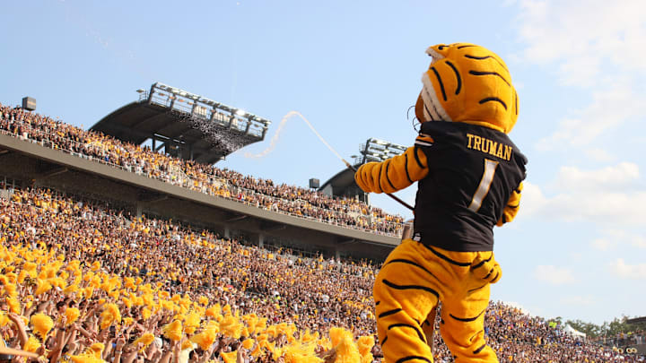 Sep 6, 2025; Columbia, Missouri, USA; Missouri Tigers mascot Truman the Tiger sprays the fans with water at the end of the third quarter in the Border War at Faurot Field at Memorial Stadium.