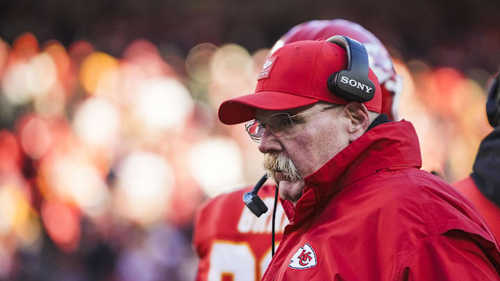 Dec 14, 2025; Kansas City, Missouri, USA; Kansas City Chiefs head coach Andy Reid stands on the sideline during the fourth quarter against the Los Angeles Chargers at GEHA Field at Arrowhead Stadium. Mandatory Credit: Denny Medley-Imagn Images