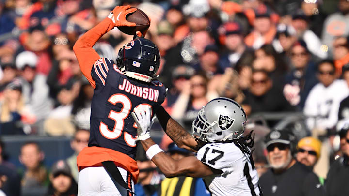 Oct 22, 2023; Chicago, Illinois, USA;  Chicago Bears defensive back Jaylon Johnson (33) steps in