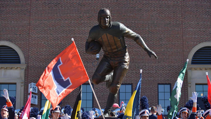 Bears' all-time great Red Grange's statue on the 100th anniversary of the opening of Memorial Stadium in Illinois.