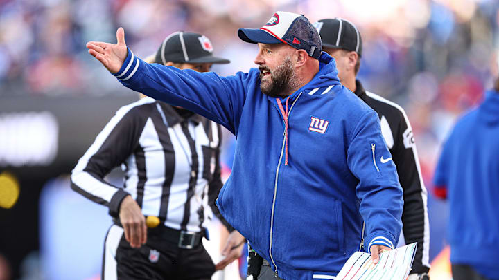 Nov 3, 2024; East Rutherford, New Jersey, USA; New York Giants head coach Brian Daboll reacts to an offensive pass interference call negating a Giants touchdown during the second half against the Washington Commanders at MetLife Stadium. Nov 3, 2024; East Rutherford, New Jersey, USA; New York Giants head coach Brian Daboll reacts to an offensive pass interference call negating a Giants touchdown during the second half against the Washington Commanders at MetLife Stadium.