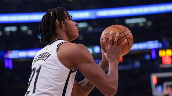 Apr 12, 2024; New York, New York, USA; Brooklyn Nets forward Noah Clowney (21) shoots the ball against the New York Knicks during the first quarter at Madison Square Garden. Mandatory Credit: Vincent Carchietta-USA TODAY Sports