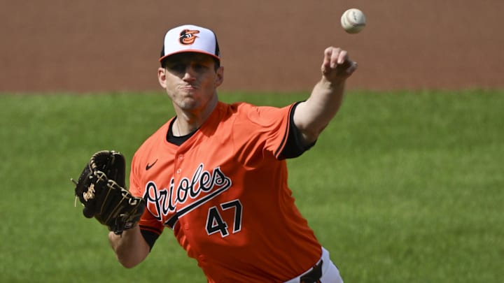 May 11, 2024; Baltimore, Maryland, USA;  Baltimore Orioles pitcher John Means (47) throws a first inning pitch against the Arizona Diamondbacks at Oriole Park at Camden Yards. 